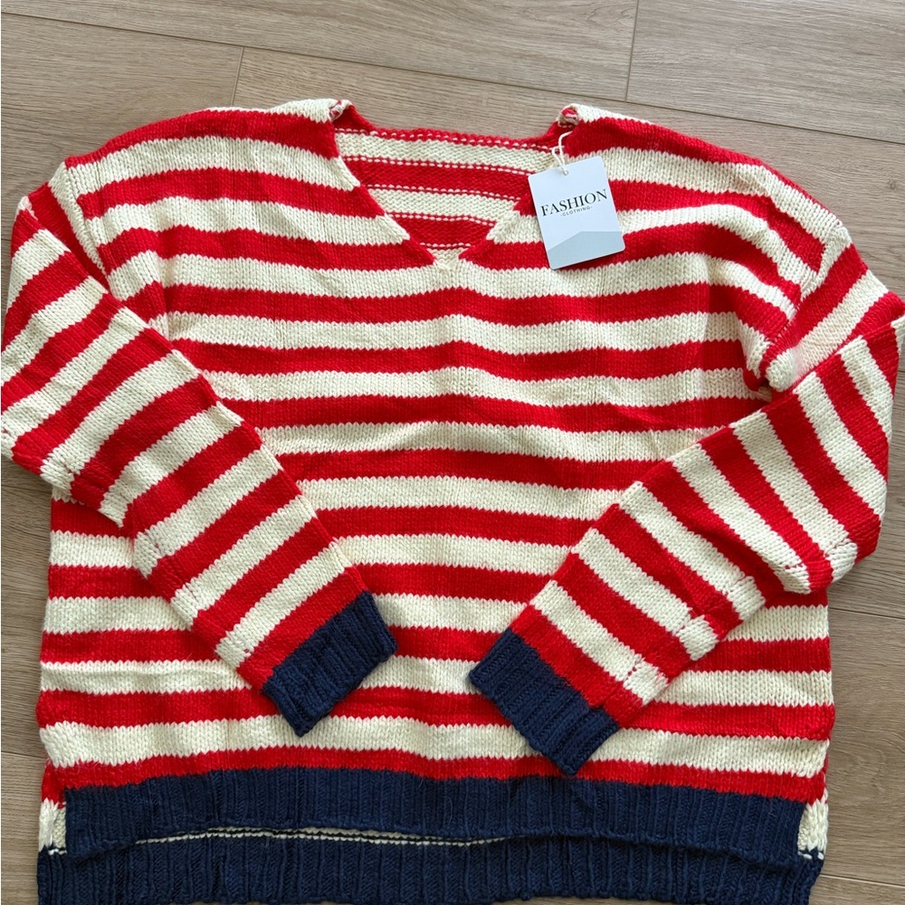 Red and Cream Striped Women's Sweater